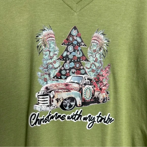 Boutique Holiday country Christmas Tribe green Bella canvas vneck graphic tee 2X - Picture 3 of 5